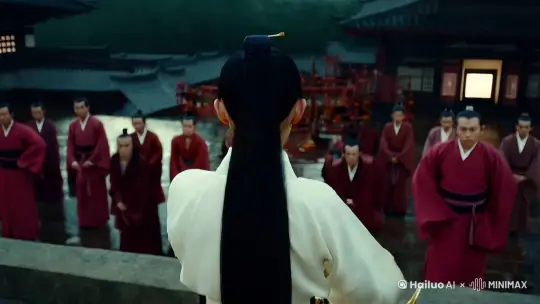 一个白色汉服女生背对镜头，右手拿着剑，黑色马尾随风而起，下着雨，17岁，站在最顶层房顶上，下面站满了各门派的弟子，阴影光，镜头拉远，电影级构图， by Hailuo AI Video Generator