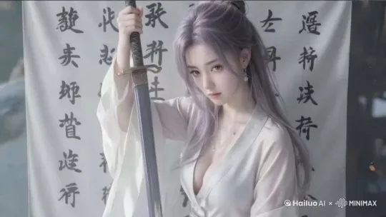 微风轻拂，她静静地站在那里，眼神坚定地望向前方，仿佛在思索着什么。她的手轻轻握住剑柄，似乎随时准备迎接未知的挑战。随着风缓缓吹过，她微微闭上眼睛，深吸一口气，然后缓缓地将手中的剑放下，动作优雅而从容。她的衣衫在风中轻轻飘动，整个人散发出一种淡然宁静的气质。背景的书法卷轴更增添了一份古典的韵味，让人仿佛置身于古代的某个宁静时刻。 by Hailuo AI Video Generator