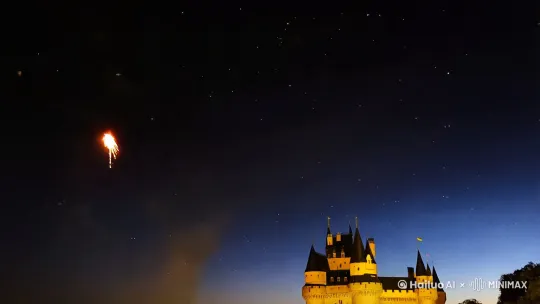 夜幕如同一块巨大的黑色绸缎，将世界温柔地包裹起来。在夜空中，有几颗星星在发光，就在这片静谧之中，一朵金色的烟花如离弦之箭，呼啸着冲向夜空。随着一声震耳欲聋却又震撼人心的 “嘭”，它在夜空中炸裂开来，金色的光芒如同一颗颗璀璨的星星，向四周飞速扩散。紧接着，无数的烟花接连不断地腾空而起，有红色的、粉色的、蓝色的等等，无言六色的烟花，它们相互交织、碰撞，绽放出五彩斑斓的光芒，将整个夜空装点得如梦幻仙境一般。
烟花绽放的光芒映照在大地上，给周围的一切都披上了一层梦幻的纱衣。地面上的城堡在也被烟花披上了一层五颜六色的颜色。
整个视频风格浪漫、梦幻。 by Hailuo AI Video Generator