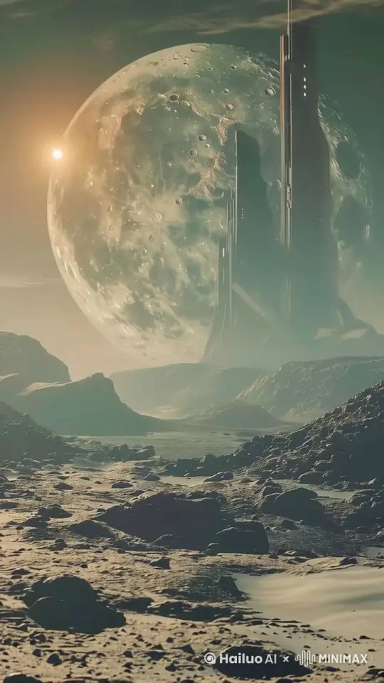 以此图为背景，一艘飞船快速的向着远方星球飞去，留下一道飞行痕迹。 by Hailuo AI Video Generator