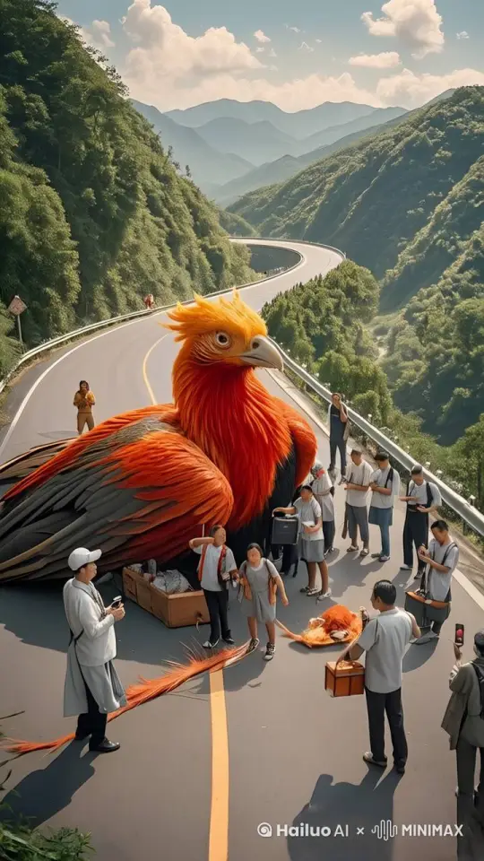 动态跟随，凤凰慢慢站起来，张开双翼疯狂的拍打翅膀，慢慢飞起来，飞到人群上空，飞来飞去盘旋几圈，然后慢慢飞走，周围的人群在对他挥手告别 by Hailuo AI Video Generator