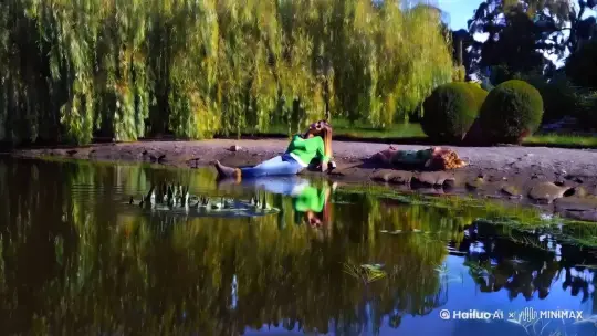 岸边柳
又一次被风吹皱
倒影的岸边柳
撩扰了一潭千年静幽
再一次随波轻摇
青涩的水中草
涌动起一轮陈旧情愫
你飘曳在天上
翠袖镌刻在我心房
我沉寂在水底
偷享你遗落的暖阳
一样的日月沐浴
一样的悸动随风
是谁在谁的眼里？
谁又在谁的怀中？ by Hailuo AI Video Generator