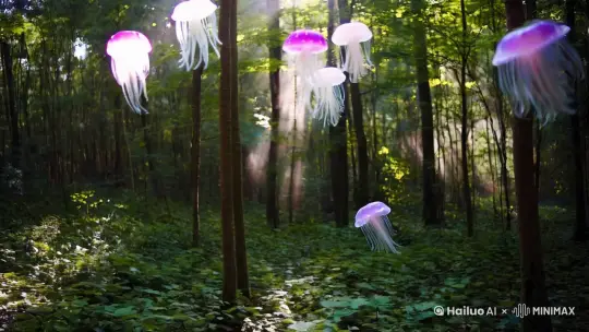 some jellyfish flying in the forest by Hailuo AI Video Generator