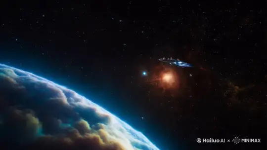 宇宙深处，星云如梦幻般流动，光与影交织成一幅无声的画卷。一艘星际飞船划破寂静，尾焰拖曳出一道银蓝色的轨迹。前方，一颗恒星在缓缓膨胀，随后骤然炸裂，爆发出炽烈的光芒与无尽的尘埃。时间仿佛在那一刻静止，旅者的目光穿越耀眼的光辉，仿佛看见了无尽宇宙深处等待揭示的秘密。 by Hailuo AI Video Generator