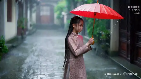 一个美丽的少女，打着一把油纸伞，在江南的雨巷中慢慢走。少女穿着淡雅的旗袍，有长长的麻花辫。视频中要有雨水的动态，少女走路的动态以及伞转动的动态 by Hailuo AI Video Generator