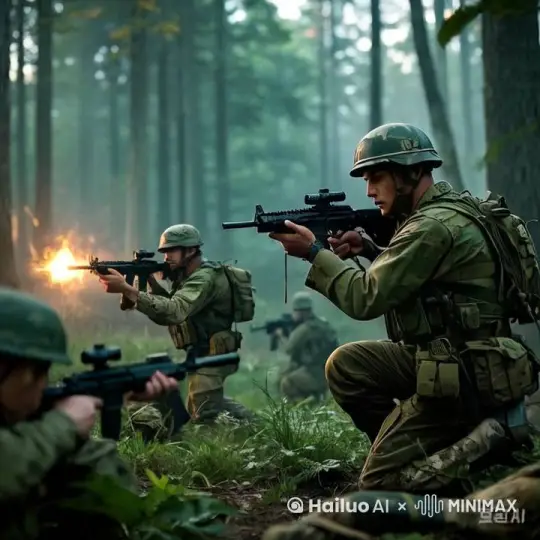 拉镜头拍摄，大兵们迅速向前翻身跳起，炸弹在身后爆炸，火光冲天，战士们纷纷倒下。，画面色调变得沉重，充满悲壮的氛围。 by Hailuo AI Video Generator