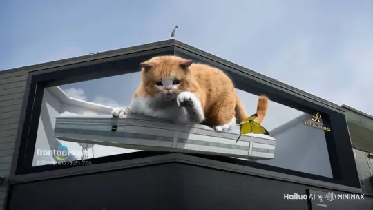 猫咪从橱窗里跳出来，追逐黄色的蝴蝶，跳到其他楼顶上 by Hailuo AI Video Generator