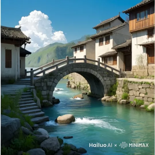 一座古朴的小桥横跨在清澈流淌的溪水之上，桥旁错落有致地分布着几户温馨的人家，镜头从溪水缓缓上摇至人家，画面色调柔和淡雅，氛围安宁恬静。 by Hailuo AI Video Generator