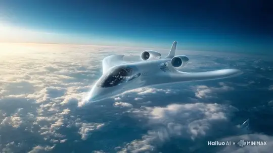 喷气式飞机在空中向前飞行，有阳光 by Hailuo AI Video Generator