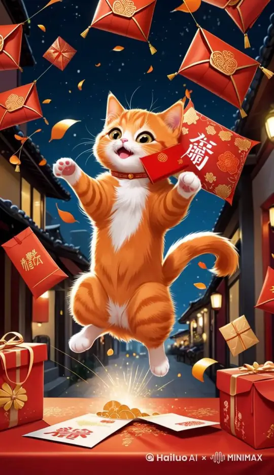 镜头轻推特写，捕捉橘猫圆润大眼中反射的红包光泽，猫咪跃起瞬间定格 + 主体(橘猫兴奋扑向飞舞的红包，爪子张开，表情呆萌天真) + 红包缓缓旋转下落，细节展现金色图案与飘动的红纸条 + 背景拉开，红色灯笼随风微摇，两侧屋檐挂满春联，街道暖光环绕 + 场景切换流畅，镜头从猫咪特写转向散落的福袋和红包，氛围愈发浓厚，热闹喜庆，尽显春节的温馨与欢乐。

 by Hailuo AI Video Generator