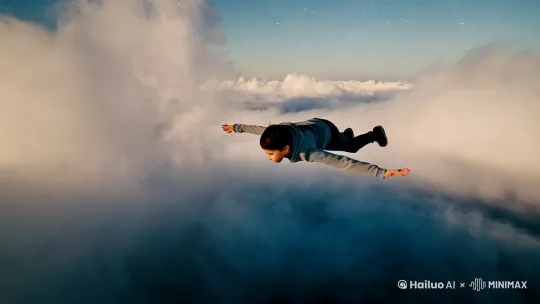 快速高空跟踪镜头移动,无人机视角,一个超现实的高速梦境序列,一个穿兜帽衫的小男孩俯卧姿势向前飞行,轻松地在云层之间滑行,身体完全伸展,双臂向两侧伸展,双腿略微分开,头部向前,捕捉平滑水平飞行的感觉。衣服随风摇摆,相机从略高位置的俯视角度紧密跟踪从左后方向右后方移动,保持对俯卧姿势的持续视角,随着角色迅速穿越场景。环境是动态的,快速变化,下面有云层,不断往后掠过的白云,远处高悬的大月亮,四周是闪耀的星空,运动模糊和光迹增强了速度感和流畅性。快速移动。 by Hailuo AI Video Generator