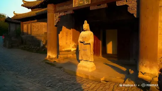 幼年的罗隐秀，每当路过土地爷庙时，庙中的土地塑像便会悄然起身，似是知晓他的不凡。 by Hailuo AI Video Generator