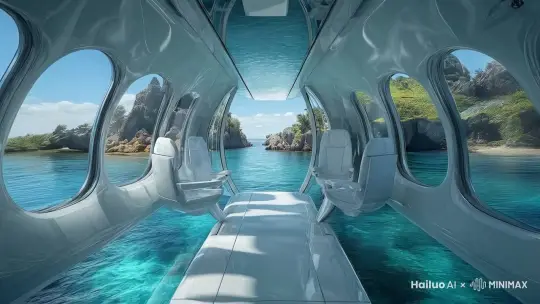 镜头慢慢向前移动，海水慢慢流动，光影，蓝天白云 by Hailuo AI Video Generator