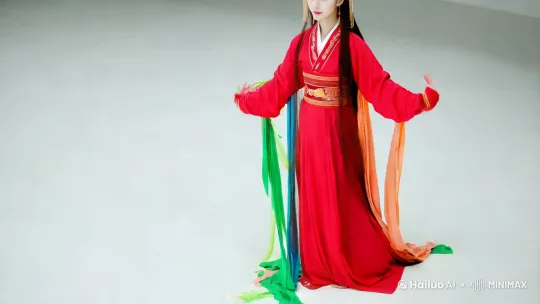 人物摄影，一位古代美女，跳舞飞天姿势，体态轻盈（全身照：1:2），眉心有个红色印记，精美的发饰，长发飘飘，红绿配色汉服，多色丝带，造型柔和，白色背景，表情温柔，光泽细腻 by Hailuo AI Video Generator