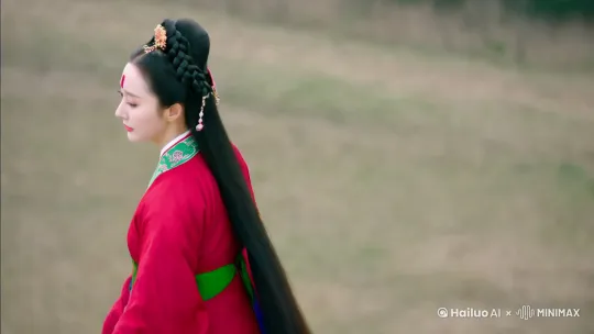 山女挺小诵 人像摄影，一位古代美女，站立姿势，(全身照:1.2)，眉心有个红 色印记，精美的发饰，长发飘飘，红绿配色汉服，多色丝带，造型 柔和，生成三视图，一个是前视图，第二个是侧视图，第三个是后 视图，在天上飞的视频。 by Hailuo AI Video Generator