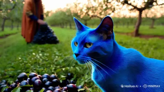 蓝色的猫看见外国人玩黑色水果 by Hailuo AI Video Generator