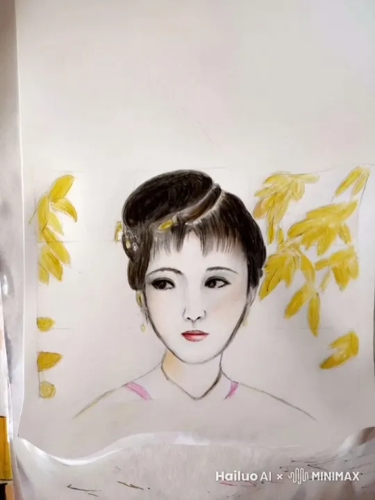 美女拿起树叶，在嘴角里闻，并微笑起来 by Hailuo AI Video Generator