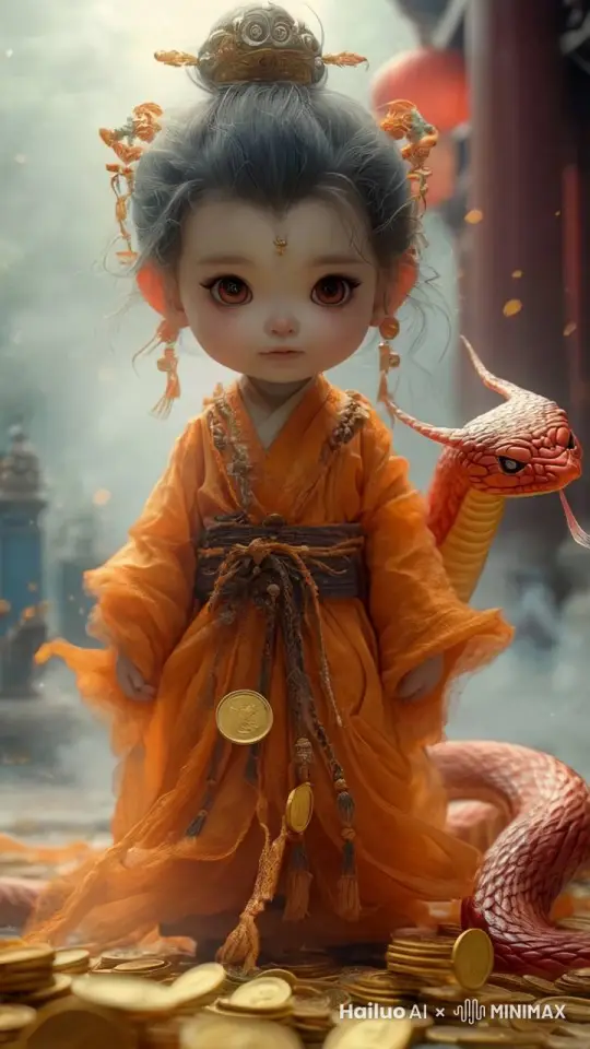 真实摄影,高质量,超清画质,一个五官帅气且脸蛋可爱的拟人化半岁萌娃,有着一双大眼睛,身着橘红色飘逸汉服,他是《山海经》中可爱的小小神兽橘红色蛇的化身,(温柔的表情,正看着身边许多的金币),2/3 侧身像,位于充满新春气象的太庙之中,远景镜头,他是多眼的智慧生物,超精细线条勾勒,整体呈现高级感,高对比度,以蓝白红黄为主基调,质感敏感,令人惊叹的细节,精细电影灯光打造,超高清,终极效果,专业构图,达芬奇大师后期调色。周围白色烟雾缭绕,呈现玄幻神话风格,写实摄影风格,高分辨率,细节丰富,色彩鲜艳,有着电影般的光影效果,营造出神秘而空灵的氛围。 by Hailuo AI Video Generator