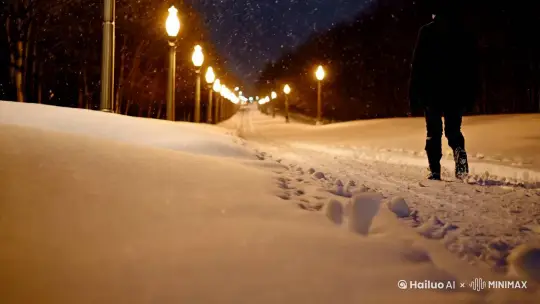 一个人在下雪天，走在有路灯的小路上，灯光下折射出人影显得仓伤感非常强 by Hailuo AI Video Generator