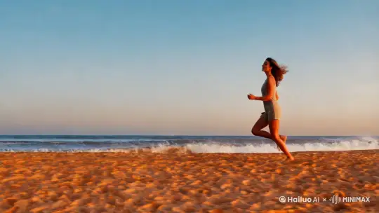 一位美女在沙滩上奔波 by Hailuo AI Video Generator