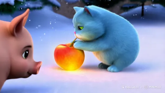 在冬天一只蓝色的胖猫吃蟠桃旁边有一只猪在看这只蓝猫 by Hailuo AI Video Generator