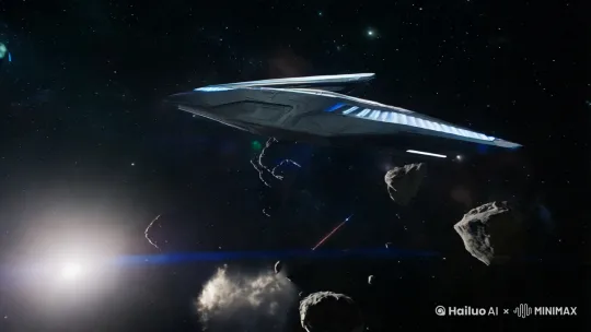 外星飞船在宇宙中快速飞行，灵活的穿梭在陨石之间 by Hailuo AI Video Generator