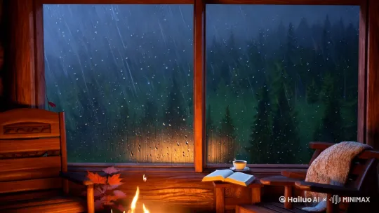 画面设定（静止镜头）：
镜头停留在木屋内部，面对着一扇大窗。窗外，雨水无声地滑落在玻璃上，雨滴交织成蜿蜒的轨迹，模糊了窗外的景色。透过窗玻璃可以隐约看到远处的树林，模糊的绿色随着雨幕晃动，带来一种朦胧的美感。

窗内，壁炉的火光在角落里跳跃着，映射出温暖的橙色光晕，将木屋的内部装点得格外温馨。木质家具的纹理在火光下显得细腻而生动，桌上的一本旧书翻开到中间，旁边放着一杯还在冒热气的茶，杯沿凝结了一层细微的水汽。

一只毛毯随意搭在靠窗的扶手椅上，显然刚刚有人在这里坐过。窗台上有几片枫叶，似乎是风吹进来的，它们湿漉漉地贴在木质表面，仿佛将窗外的雨意带入了小屋。

背景音静谧而低沉：雨点打在窗玻璃上发出轻轻的“滴答”声，伴随着壁炉中木柴燃烧时偶尔的噼啪声。没有其他的动静，一切仿佛静止在这一刻，时间被雨夜的安宁所凝固。

情绪渲染：
静止的镜头让人仿佛置身其中，感受到时间的缓慢流逝。外面的雨与屋内的火光形成鲜明的对比——窗外是冷的湿意，窗内是暖的安全感。这种静止的镜头可以作为一个片段，为故事提供宁静而又富有情感张力的背景。

如果需要调整或加入更多细节，请告诉我！ by Hailuo AI Video Generator