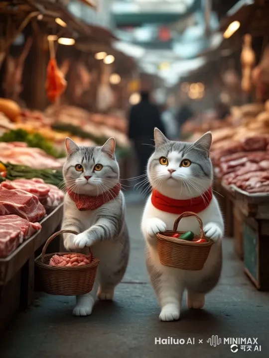 猫伸手去拿肉摊上面的肉拿一块放进自己的菜篮里面 by Hailuo AI Video Generator
