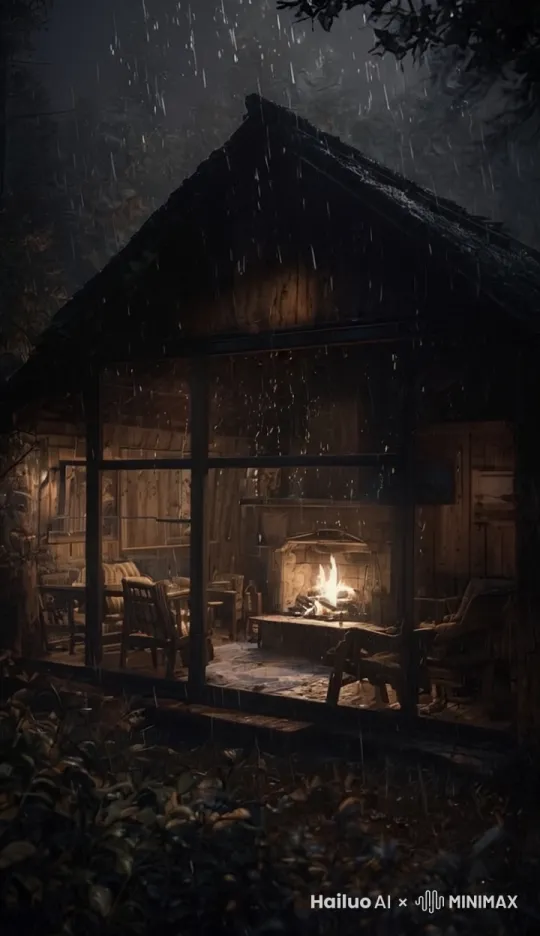 镜头固定不动，下着雨，炉子中火苗燃烧 by Hailuo AI Video Generator