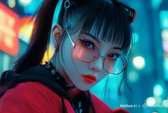 电影镜头，赛博朋克的感觉，镜头环绕，女生盯着镜头看 by Hailuo AI Video Generator