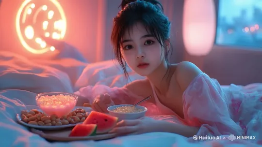 女生身体有微微的动作看向镜头，镜头环绕，电影质感和灯光 by Hailuo AI Video Generator