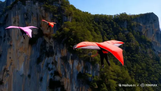 0.翼装飞行（Wingsuit Flying）分为有动力翼装飞行和无动力翼装飞行两大类。其中，无动力翼装从天门山进行翼装飞行是一种极具挑战性和刺激性的极限运动，它不仅能让你体验到飞行的快感，还能俯瞰天门山的壮丽景色 by Hailuo AI Video Generator