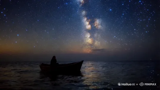 夜晚，繁星点点，海面上一艘小船，飘摇前行 by Hailuo AI Video Generator