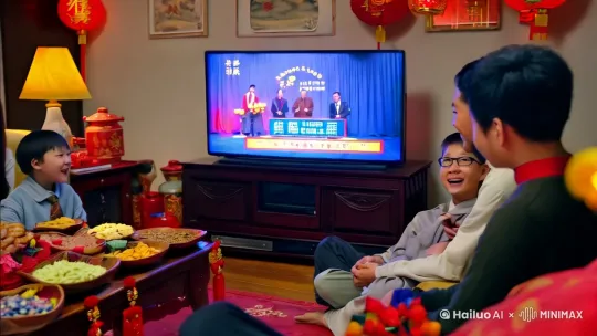 过年了，全家人围坐在一起看春晚，茶几上全是零食和糖果，小孩子在地上玩耍，一家人其乐融融 by Hailuo AI Video Generator