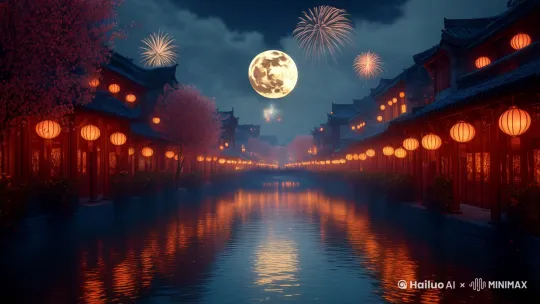 新年，住宅建筑，四合院，杰作，最高质量，高品质，云，建筑，街头，写实照片，灯笼，月亮，烟花，大自然，春联，中文，风景，灯笼，建筑，东亚建筑，植物，花盆，纸灯笼，户外，建筑，盆栽，标志，道路，河流，孔明灯，荷花，龙， by Hailuo AI Video Generator