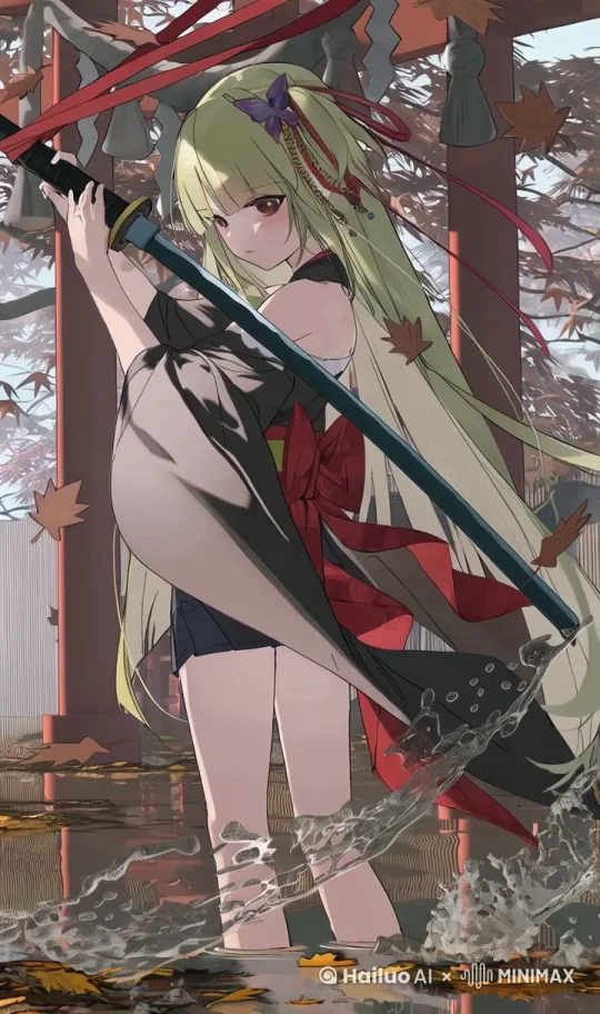 画面中的少女注视着手上的刀，然后开始转头从刀的根部看到刀尖，并且氛围要求一种空灵的感觉，画面中的红色丝带，少女的衣物，水面都随风波动，画面中的落叶缓慢落下 by Hailuo AI Video Generator