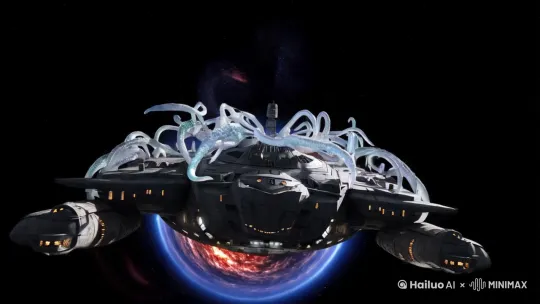 一艘巨大的宇宙战舰被无数的外星触手包裹，一点点的被拖向深邃的黑洞中。 by Hailuo AI Video Generator