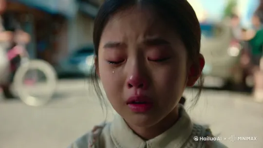 一个漂亮的女孩正在悲伤的哭泣，她闭着嘴巴，眼神里充满了无奈和委屈。背景有些模糊，但能看出来是熙熙攘攘的街道。 by Hailuo AI Video Generator