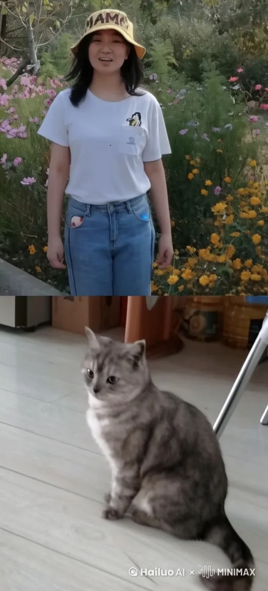 美女逗可爱的猫咪，猫咪粘粘的讨主人喜欢可爱玩耍场面。 by Hailuo AI Video Generator