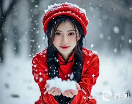女孩子，站起来，转圈，把雪撒响天空，然后雪在天空凝聚四个字…国泰民安 by Hailuo AI Video Generator