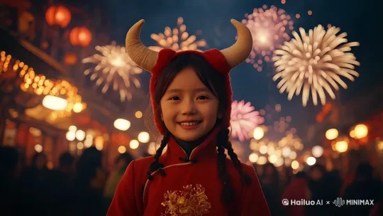 烟花绽放，女孩微笑，后面的人们慢慢走动，最高品质，最高质量，电影级别画质， by Hailuo AI Video Generator