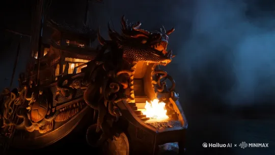 一艘古代中国的幽灵船，中式恐怖风格，船上站满了黑色幽灵，船头有活动的龙头，龙头在喷火，船舱有蛇缠绕，高处的船舱内有微亮的光，船侧边安装有大龟壳 by Hailuo AI Video Generator