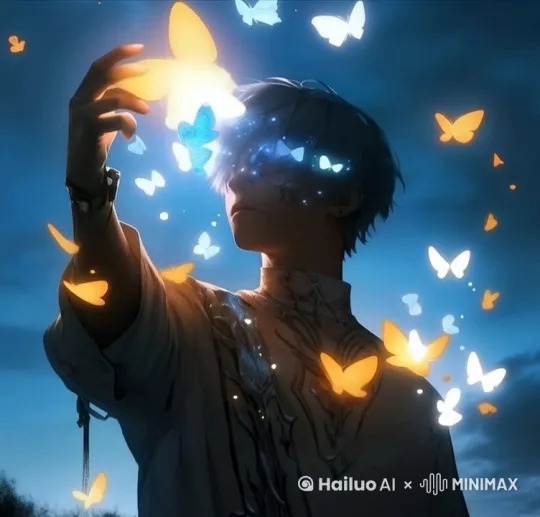 手臂缓缓落下，四周蝴蝶轻轻的摆动 by Hailuo AI Video Generator