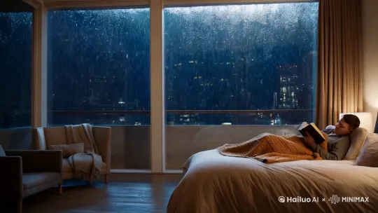 窗外大雨滂沱，屋内温馨舒适的复式阁楼卧室 by Hailuo AI Video Generator
