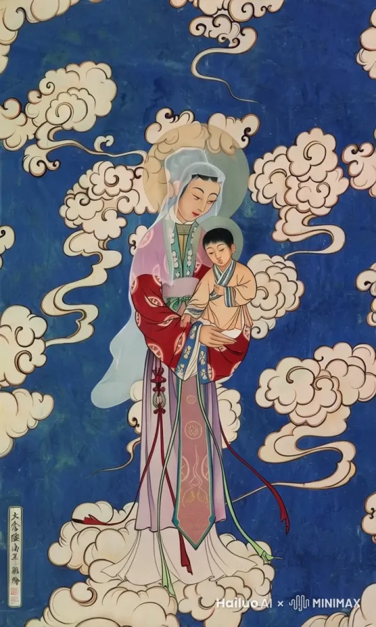 动画，圣母抱着主耶稣在飞行 by Hailuo AI Video Generator