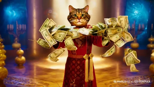 招财猫双手中拿着好多钱送给我  拟人化 by Hailuo AI Video Generator