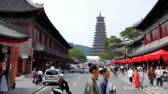 在古城西安开车行驶在大街小巷里，钟楼，大雁塔，大唐芙蓉园，街上车辆一个挨一个，间隔200米就有红绿灯，路上行人很多，有些女孩子穿着汉服，电动车，自行车，摩托车井然有序的行驶，路边的商铺里有卖服妆，小吃，化妆品，日用百货，水果蔬菜。 by Hailuo AI Video Generator