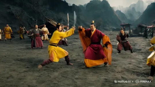 蚩尤与‌黄帝、‌炎帝之间正在发生激烈的战斗，双方正打得不可开交时。一个神秘的人从天而降，震住了全场所有的人，根据剧情配上音效 by Hailuo AI Video Generator