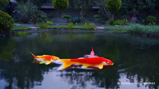 在风雨的洗礼下，锦鲤发生了神奇的变化，最终化身为一条金龙在池中昂首挺立，金鳞闪耀着耀眼的光芒。视频比例：9:16 by Hailuo AI Video Generator