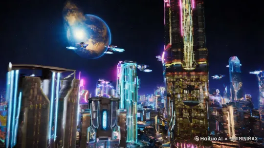 科幻的赛博城市中，镜头环绕城市高楼之间拍摄各式各样的未来科技概念飞行器在前面穿梭，周围环境氛围充满科技感，背景音乐是星级穿越的背景音乐，视频时间一分钟，1280*720，4K高清视觉效果 by Hailuo AI Video Generator